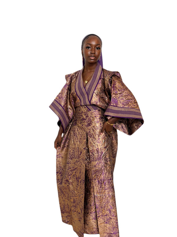 Chic Boubou Brocade Aso Oke with Purple Stripes - Image 3